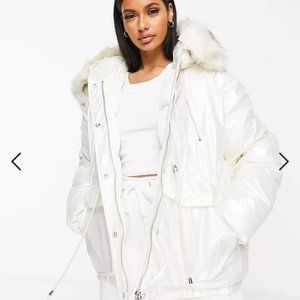 Sixth June oversized vinyl puffer jacket with faux-fur hood white